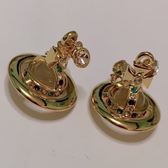 18k gold plated crystal signature Saturn Orb drop earrings new - Picture 3 of 8
